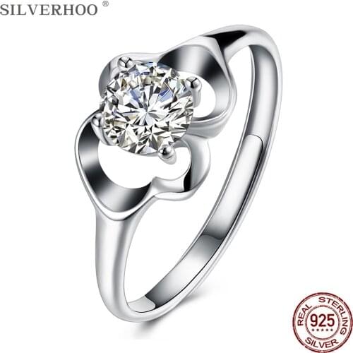SILVERHOO 925 Sterling Silver Ring 5A Cubic Zirconia Flower Design Adjustable Geometric Women Rings Anniversary Fine Jewelry New