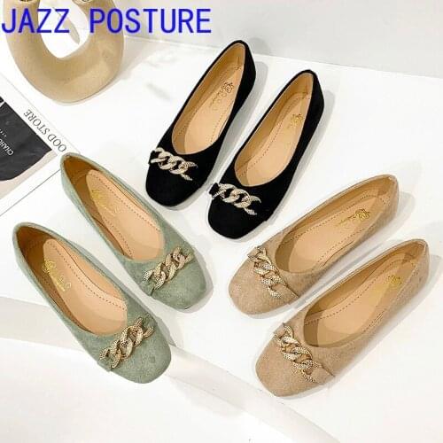 New fashion ladies square toe flat shoes Shallow mouth luxury metal chain ballet flats without fasteners casual loafers w160