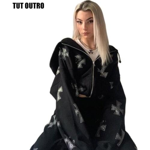 Rhinestone 2021 Summer Cross Zip Up Oversized Hoodie Anime Aesthetic Grunge Streetwear Women Cyber Y2k Sweatshirts Hoodies