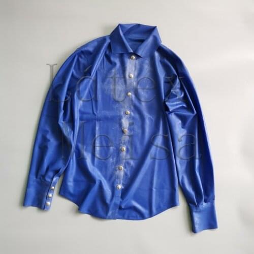 Blue color latex top women long sleeve latex blouses with front buttons decorations