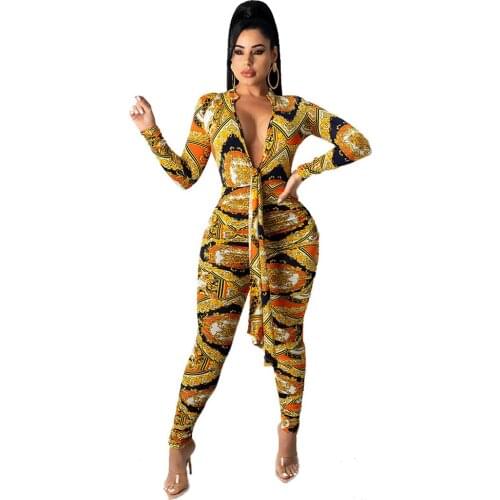 Womens Sexy Printed Deep V Tight Front Lace-up Jumpsuit Sports Slim Long Sleeve Bodysuit