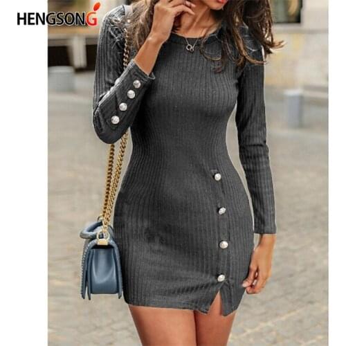 Women Sexy Side Split Dresses Package Hip Slim Button Charm Vestidos O-neck long-sleeved Mini Dress