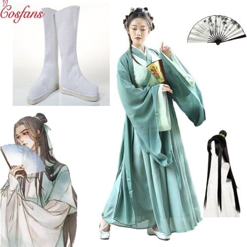 Chinese Novel The Scum Villain’s Self Shen Qingqiu Cosplay Unisex Hanfu Dress Women Anime Halloween Costume Wig Chinese Fan Shoe