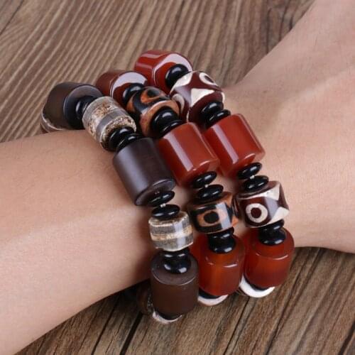 1pcs 2021 Big Tube Cylinder Natural Dark Brown Red Black Onyx Buddhism Rosary Prayer Beads Unisex Bracelet For Men Wedding Gift