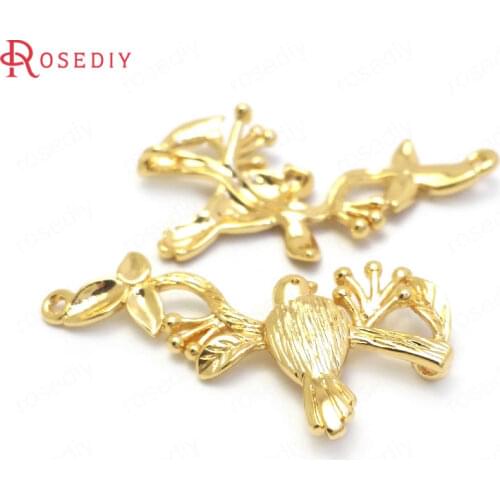 10PCS 30x15MM 24K Gold Color Brass Branches and Birds Necklace Charms Connector Jewelry Making Supplies Diy Findings Accessories