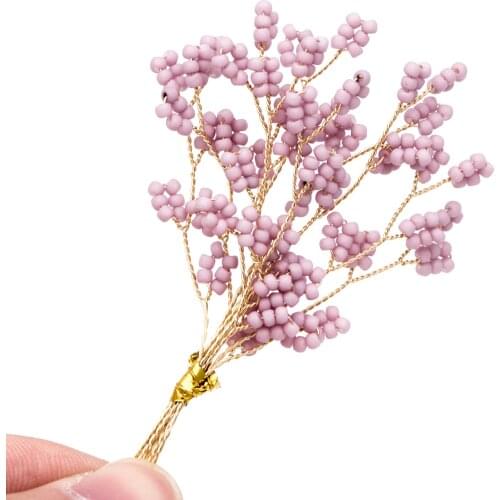 10pcs Beaded Leaf Sprigs on Gold Wire, Flower Tassel Hair Accessories, Seed Glass Beads Branch, Purple(FB-050-6)