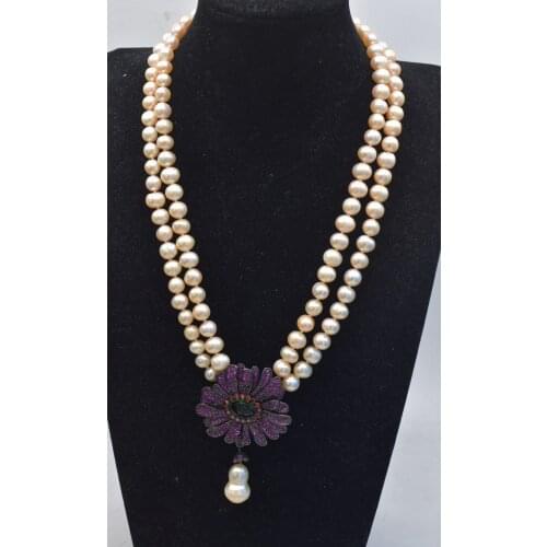 2rows freshwater pearl pink near round 8-9mm and red flower pendant necklace 18-19inch FPPJ wholesale beads nature