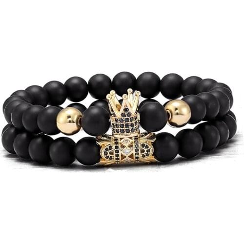 2pcs/set Onyx Stone Beads Men Bracelet Crown Bracelets For Women Pulseras Hombre Moda Masculina Mens Braclets Bileklik Erkek