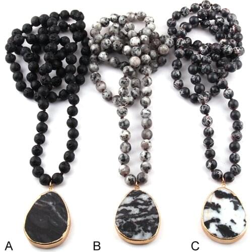 Free Shipping Fashion Bohemian Tribal Jewelry Semi Precious Stones Long Knotted Black Drop Pendant Necklaces