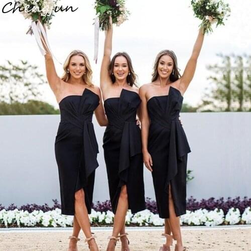 Chengjun New Arrivals Tea Length Strapless Sexy Sheath Black Bridesmaid Dresses