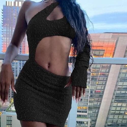DSMTRC Women Sexy Hollow Out Cleavage Stacked One-Shoulder Long Sleeve Hipster Party Club Female Wear Elegant Solid Mini Dress