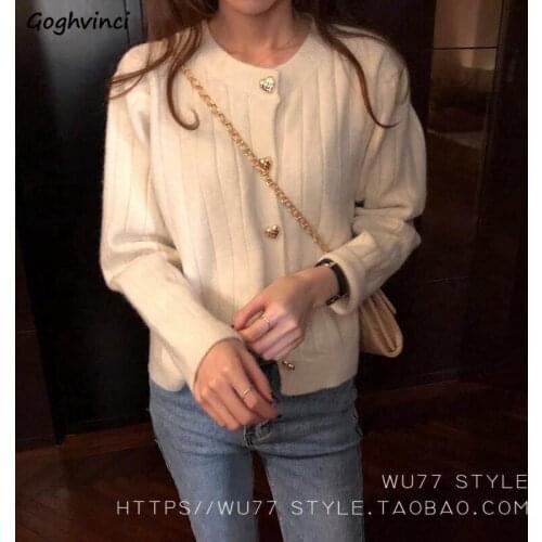Cardigan Women Solid White Burgundy Spring Autumn Single Breasted O-neck Korean Style Simple Sweet Lovely Soft All-match Chic