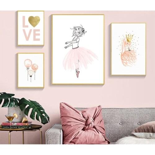 Painting Picture Nordic Kid Girl Bedroom Decor Children Poster Watercolor Balloon Baby Nursery Wall Art Swan Queen Canvas Print