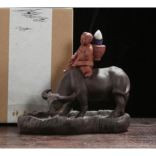 Cow Boy Ceramic Waterfall Backflow Incense Burner Holder Censer Home Decoration
