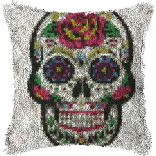 Latch Hook Cushion Flower Skull Pillow Case Color Canvas Acrylic Yarn Latched Hook Pillow Kits Crochet Cushion Cover