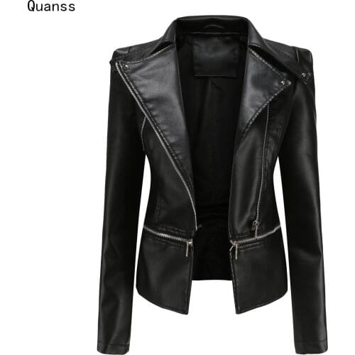 Quanss Autumn Winter Black Pu Faux Leather Jacket Female 2021 New Fashion Zipper Lower Edge Detachable Moto Biker Coat Womem