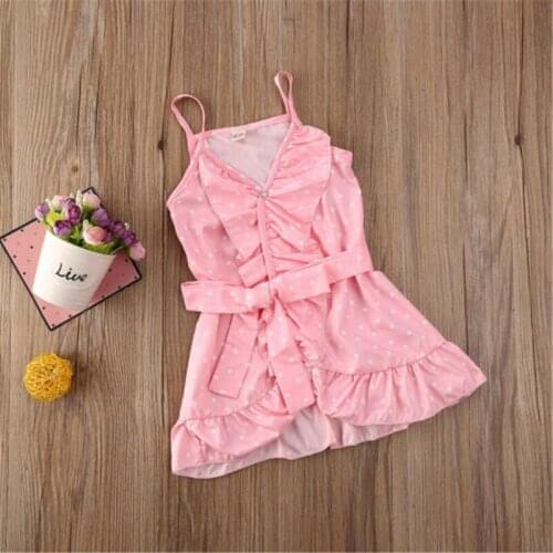 Sweet Toddler Baby Girls dress cotton off shoulder strap Bandage Button sleeveless Polka Dot Dresses one pieces