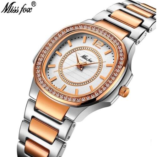 MISSFOX Women Watches Luxury Rhinestones Mosaic Water and Shock Resistant Square Hardlex Dial Ladies Office Wristwatch 2549