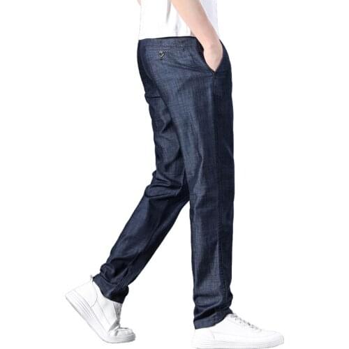 Fashion Ice Silk Jeans Men Modal Loose Straight Business Pants Mens Summer Thin