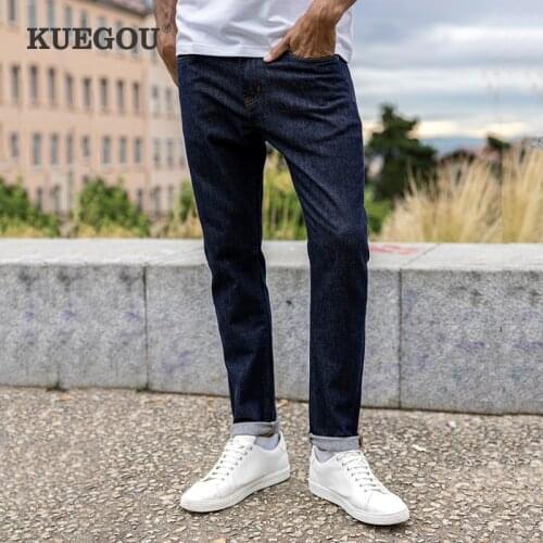 KUEGOU 2021 Autumn Spring New Clothing Men Jeans Solid Color Slim Fashion Trousers Stretchy Vintage Denim pants Plus Size 1963
