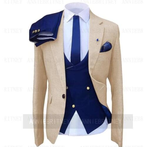 Latest Formal Beige Navy Blue Men Suit 3 Pieces Blazer Tailored Jacket Wedding Men suit for Men Groom Tuxedo Vest with Pants