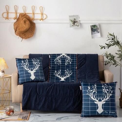 Blue Cushion Blanket Crystal Velvet Deer Flannel Throw Foldable Pillow Blankets Car Sofa Bed Pillow Comforter Patchwork 2 in 1