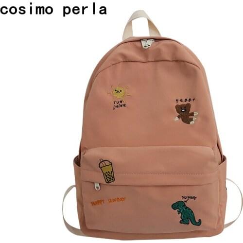 Solid Color Cartoon Animal Embroidery Student Backpacks Trending Casual Preppy Style Women Bagpacks Nylon Large Mochilas Female