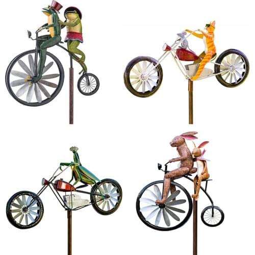 WholesaleVintage Bicycle Wind Spinner With Metal Stake Frog Riding Motorcycle Windmill Decoration For Yard And Garden Decoration