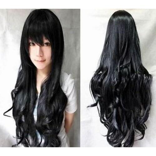 Sell New Black 80cm Long Wavy Hair New Fancy Dress Cosplay Wig heat resistant fibers Hair wigs Free Shipping