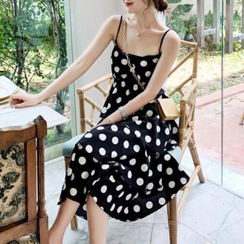 Summer Women Sling Dress Black Elastic Casual High Waist Layer Ruffled Ladies Polka-Dot Princess Solid Vestidos