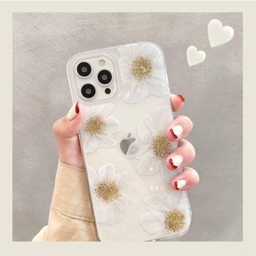 Luxury Glitter Dream White Flower Soft Bling Phone Case For iPhone 12 Pro Max 11 XS Max X XR 7 8 Plus Gold foil Clear TPU Cover