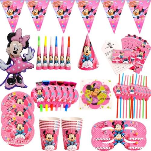 Disney Pink Minnie Mouse Theme Disposable Tableware Paper Cup Plate Cap Straws Kids Girl Birthday Party Baby Shower Decorations