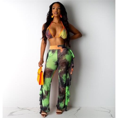 Sexy Women Beach Cover Up See Through Ruffle Pant Mesh Sheer Wide Leg Long Trouser Bikini Cover-Up Bottom 3 Pieces Set Swimsuit