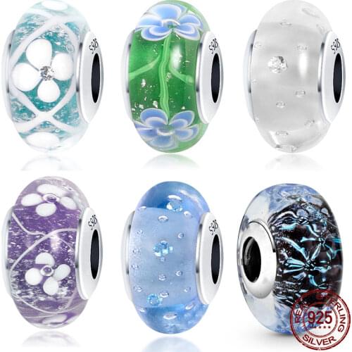 925 Sterling Silver Patterned Glass Beads Charm Fit Original 3mm Bracelet For Women Birthday Fashion Jewelry Gift