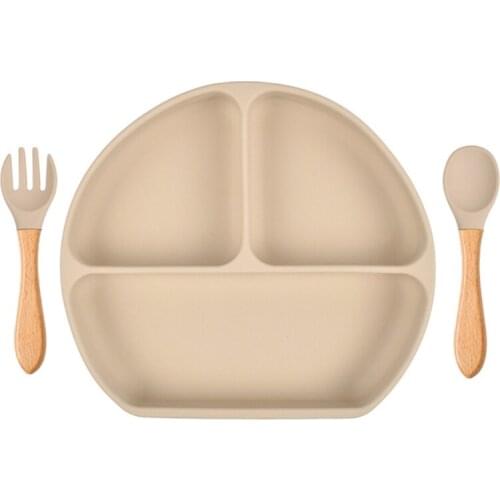 Baby Food Grade Silicone Feeding Plate with Matching Wood Handle Spoon Fork Set Toddlers Divided Non-Slip Bowl Tableware 69HE