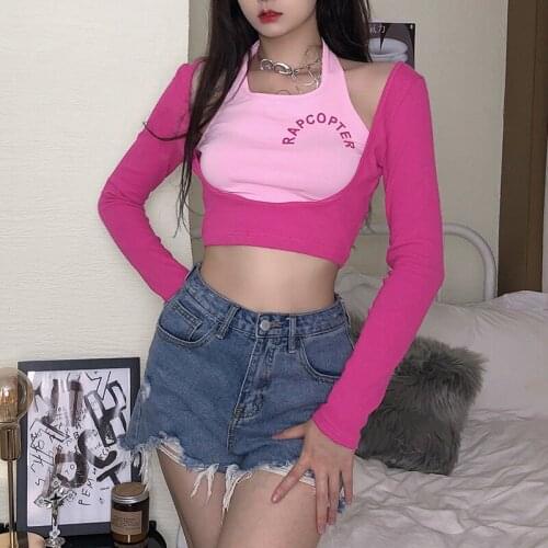 Sexy Women Top Casual Long Sleeve T-Shirt Fashion Contrast Color Halter Exposed Navel Two Tops Streetwear