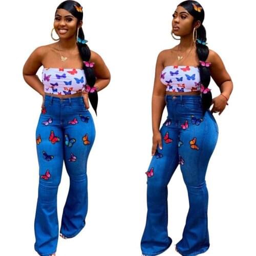 Women Bid Size Butterfly Printing Flared Jeans 2020 Autumn Lady Nighyclub Wear Sexy High Waist Skinny Bell-bottomed Denim Pants