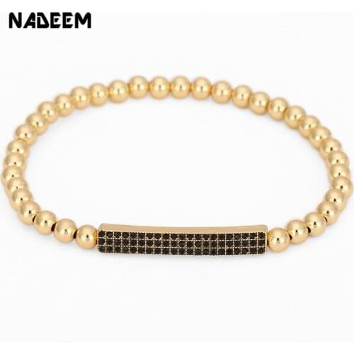 NADEEM Hot Sale Micro Pave CZ Crystal Bar Charm Bracelet Women Men Handmade Fashion Brand 5mm Copper Bead Elastic Girl Bracelets