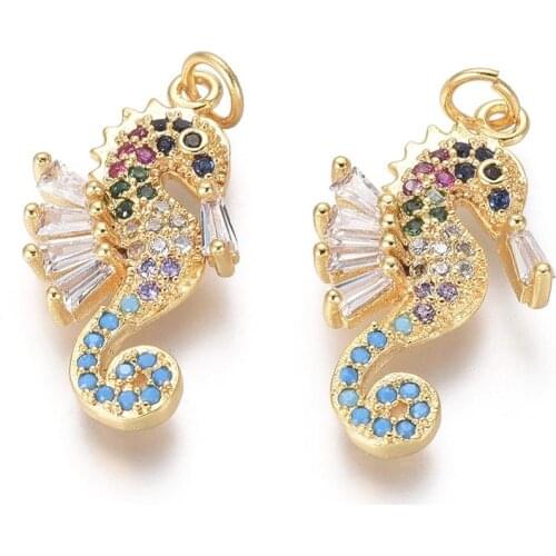 5Pcs Golden Plated Brass Pendants Sea Horse Charms with Cubic Zirconia For DIY Jewelry DIY Handmade Necklace Bracelet Making