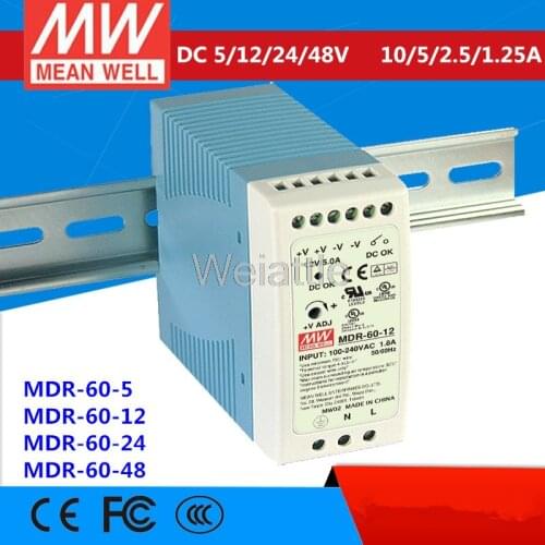 5V 12V 24V 48V MEAN WELL 1.25A 2.5A 5A 10A AC-DC 50W 60W Industrial DIN Rail Power Supply MDR-60-5 MDR-60-12 MDR-60-24 MDR-60-48