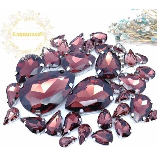 8 SIZES 35PCS Free shipping! Wine red Water drop shape Glass Crystal sew on rhinestones with calw Diy wedding decoration