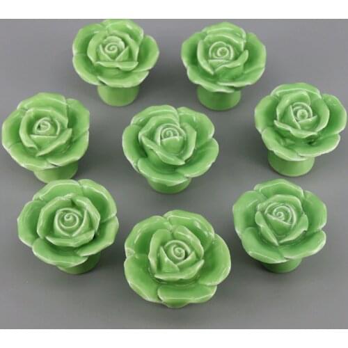 8PCS Decorative Hardware Ceramic rose flower shape Cabinet Cupboard Door Knob Bedroom Furniture cabinet knobs Green color