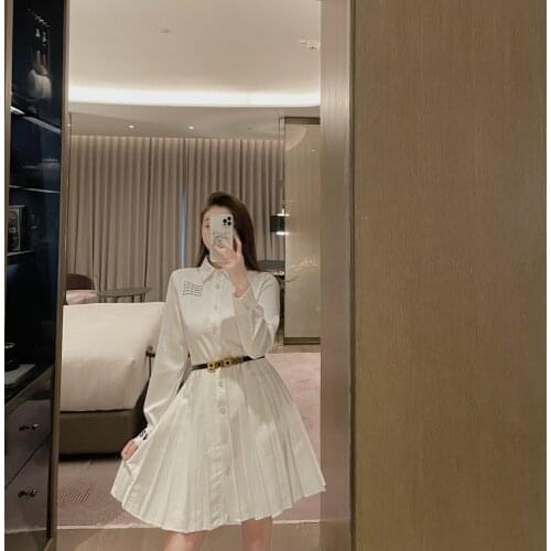 Aw dawangjia 2021 early spring new product letter embroidery close waist show thin A-line pleated shirt dress long sleeve