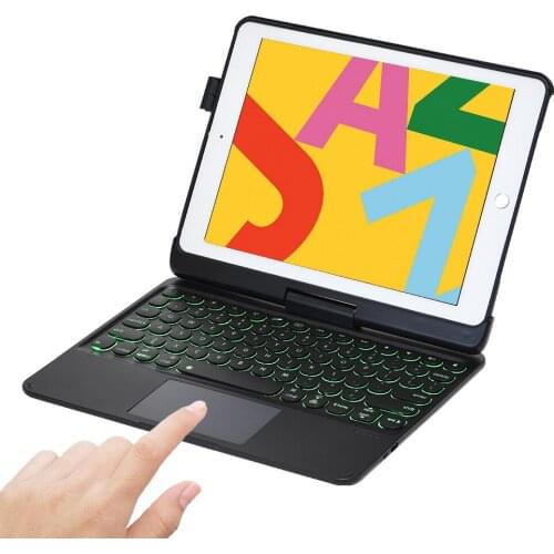 For iPad 9.7 2018 Smart 360 Swivel Rotating LED Backlit Wireless Bluetooth Touchpad Keyboard Case Stand Cover With Pencil Holder