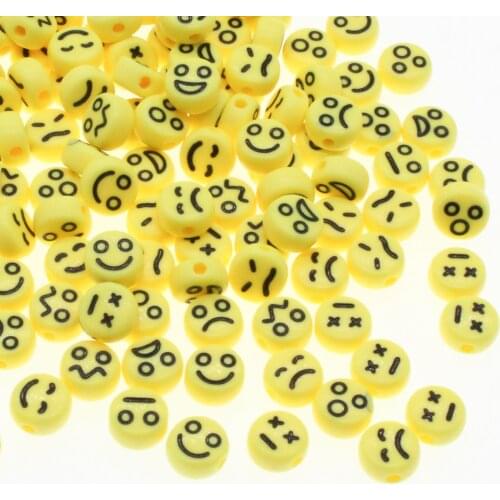 CHONGAI 100Pcs Yellow Small Fashion Jewelry Facial Expression Acrylic Flat Round Beads For DIY Craft &Jewelry Making 4X7mm