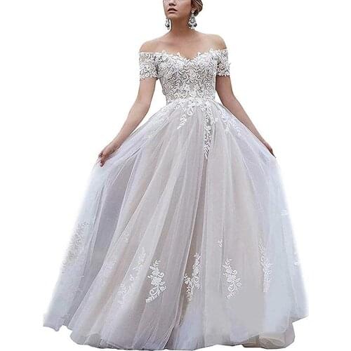 Long Tulle Appliques Off Shoulder Wedding Dresses for Bride 2021 Short Sleeves Bridal Dress vestido de noiva