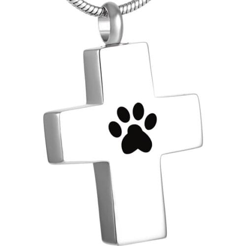 IJD8449 Cross with Dog/Cat Paw Print Stainless Steel Pet Ashes Keepsake Memorial Urn Jewelry Cremation Necklace for Pet Lover
