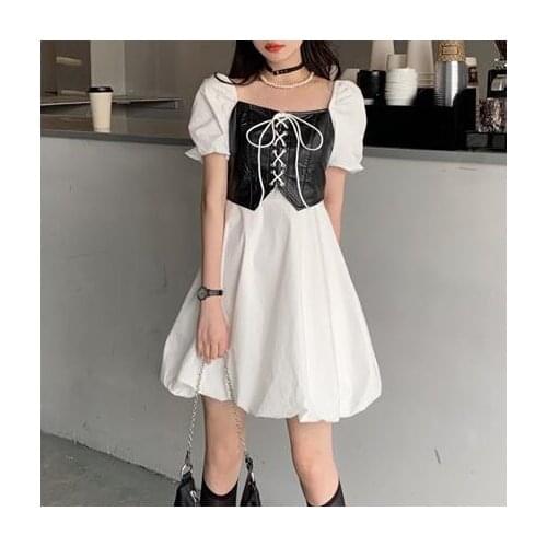 Fake two-piece flower bud dress female waist waist Nice summer new design dress retro bubble PVC Sexy & Club Regular