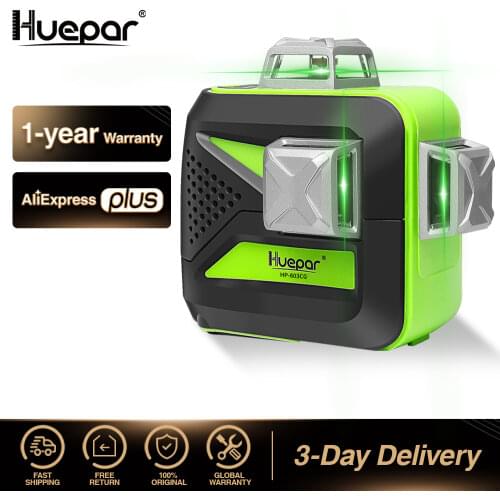 Huepar 12 Lines 3D Cross Line Laser Level Self-Leveling 360 Vertical & Horizontal Green Beam USB Charge Use Dry & Li-ion Battery