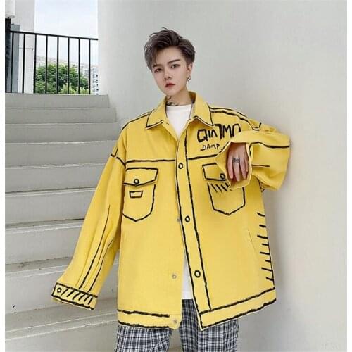2021 Hand Painted Scrawl Casual Denim Jacket Mens Harajuku Hip Hop Vintage Jackets And Coats Yellow Black Jeans Jacket